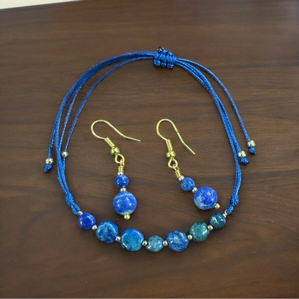 Lapis Lazuli and Lazurite Petite Pebble Bracelet w/GP Lapis Lazuli earrings 1.5”